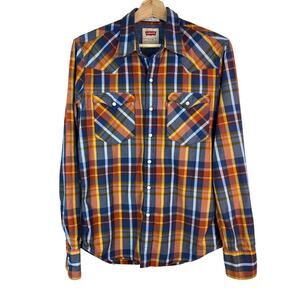 Levi's Men's S Blue Orange Yellow Plaid Pearl Snap Front Western Shirt
